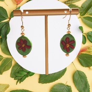 Floral Green and Red Earrings